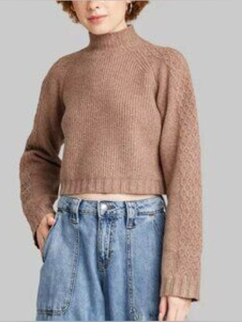 Wild Fable Women’s Cropped Cable Sleeve Brown Sweater Size Large